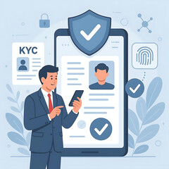 A businessman using smart technology to verify digital identity, KYC documents, and approve online profiles, representing secure authentication and onboarding in digital business platforms. Vector ill