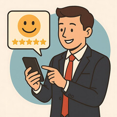 Businessman using smartphone to give five-star positive review with smiley face icon, symbolizing excellent customer feedback, mobile rating system, and user satisfaction in digital service Vector ill