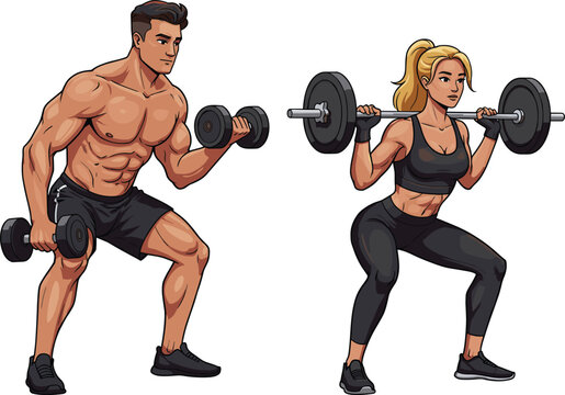 Weightlifting, strength training, dumbbell curl, barbell squat, gym workout, fitness pose, muscular body, active wear, exercise form,