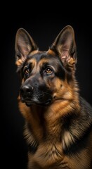 Majestic German Shepherd Portrait - Intense Gaze Against a Dark Backdrop.