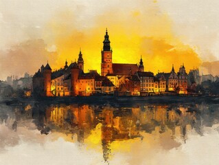Fototapeta premium A watercolor painting depicting a European city skyline along a river, bathed in the golden light of sunset, creating a tranquil reflection.