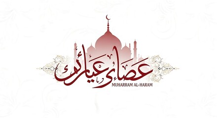 Naklejka premium Elegant Muharram Al Haram Design with Arabic Calligraphy and Mosque Silhouette.