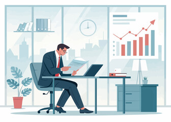 Man in suit reading documents at desk with laptop and chart in a bright office environment setting here