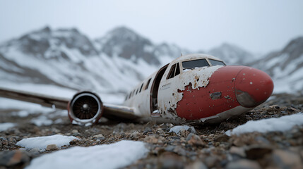 Wrecked aircraft in a desolate, snowy mountain landscape. Abandoned and forgotten, a chilling reminder of the unforgiving power of nature.