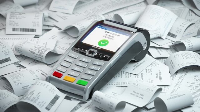 POS terminal in a heap of receipts. Payment for a lot of expenses or purchases concept.