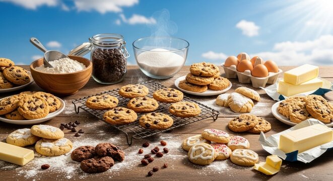A wooden table with a variety of baked goods, including cookies, chocolate chips, and eggs, set against a blue sky with clouds.