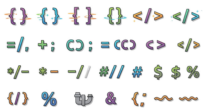 A colorful hand-drawn collection of various programming and coding syntax symbols and operators.