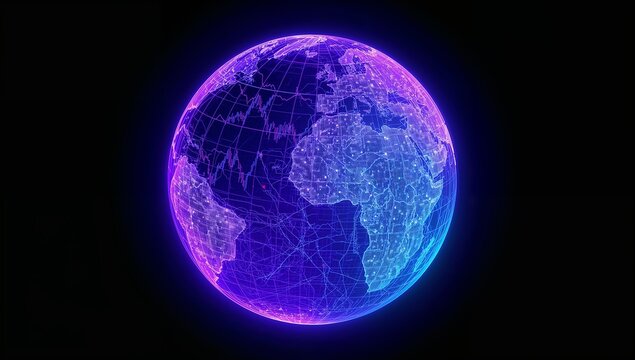 Glowing Digital Earth Globe with Neon Blue and Purple Light on Black Background.
