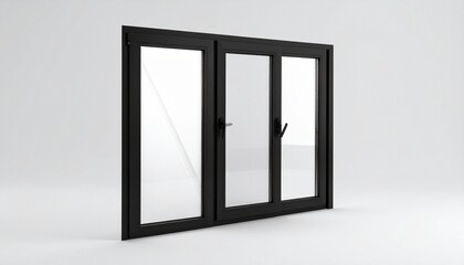 Black-framed sliding window with four glass panels on gray wall