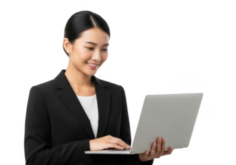 Smiling asian woman in business suit holding laptop isolated on transparent background