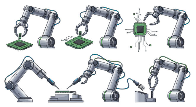 Robotic Arms Assembling Microchips and Electronic Components.