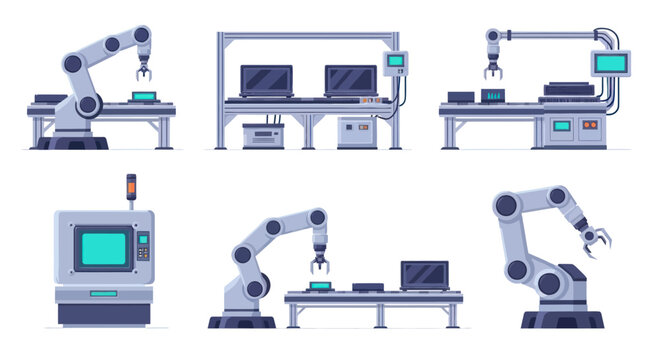 A collection of industrial robotic arms and automated factory machinery for a smart production line.