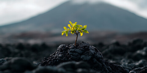 Resilient Tree: A symbol of perseverance thriving amidst a dark, volcanic landscape, with a majestic mountain backdrop. Nature's strength showcased.