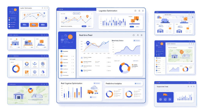 Modern data analytics dashboard UI kit with charts graphs and infographic elements for a web application.
