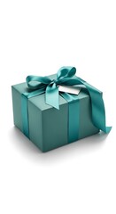 Obraz premium Elegant Teal Gift Box with Ribbon on White Background.