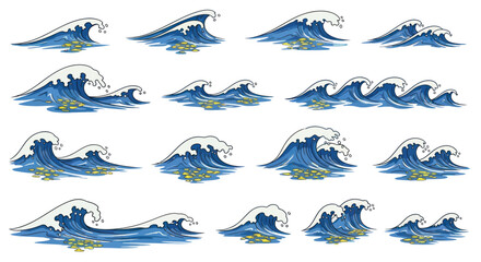 Collection of Dynamic Blue Ocean Waves with White Foam Crests.