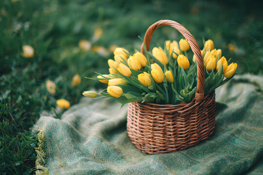 a basket of yellow tulips sitting on a blanket