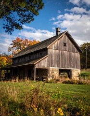 Obraz premium Weathered, historic barn nestled among colorful autumn foliage under a bright blue sky