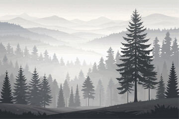 A misty forest landscape with layered mountains and prominent pine trees in a grayscale color palette