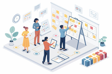 Isometric view of a team brainstorming and planning with sticky notes on whiteboards in an office space