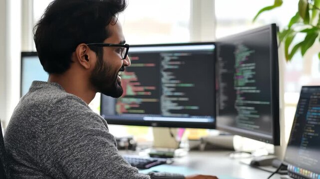 Developer working at a modern office desk with dual monitors and coding on screens during the day