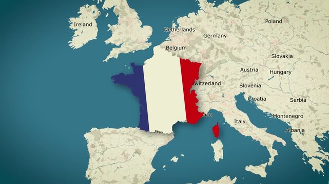 Map of French Republic, France - Map Animation - French Republic from World Map with flag - Vox Map Style - Regions of France - Infographic & Documentary Ready - 4K