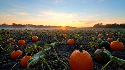 Cinematic wide shot of a pumpkin patch at dawn, shrouded in gentle mist and soft morning light atmospheric, seasonal beauty, fog - Powered by Adobe