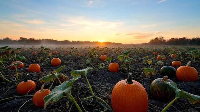 Cinematic wide shot of a pumpkin patch at dawn, shrouded in gentle mist and soft morning light atmospheric, seasonal beauty, fog