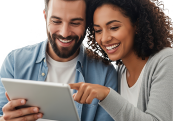 Happy couple looking at a tablet computer isolated on transparent background