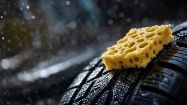 Close-up of a yellow sponge releasing soap suds onto a luxury tire tread, with gleaming rim details highlighted in natural light.