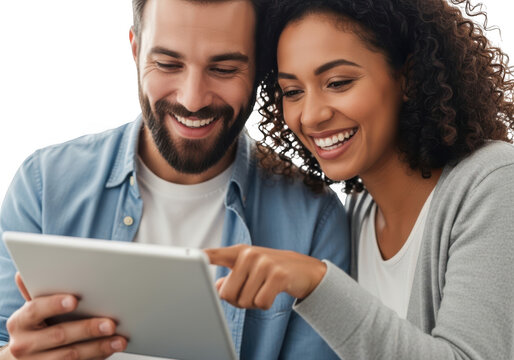 Happy couple looking at a tablet computer isolated on transparent background