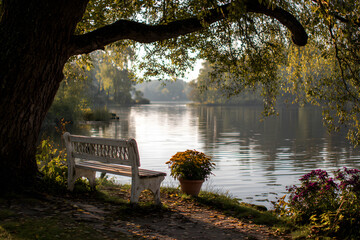a bench sitting next to a tree near a lake