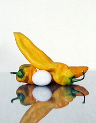 Abstract still life with two sweet peppers and a sea pebble on a glass-topped table.