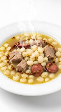 Hearty Hominy Stew with Meat and Sausage in Broth.
