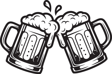 detail, black and white vector illustration of two frothing beer mugs clinking in a celebratory toast. Ideal for Oktoberfest, pub menus, bar logos, happy hour promotions, and friendship concepts.