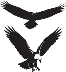 This is a set of two highly detailed black silhouettes of an eagle or hawk in flight.  This dynamic graphic is perfect for designs related to freedom, power, nature, wildlife, and sports mascots