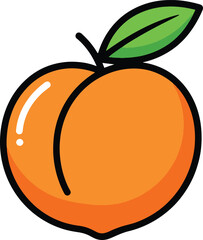 Cute, colorful vector illustration of a ripe peach with a bright green leaf. This modern flat design style graphic is perfect for food and drink themes.