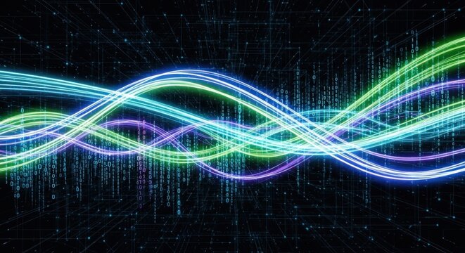 A colorful, abstract wave pattern with neon lights and binary code on a dark background.