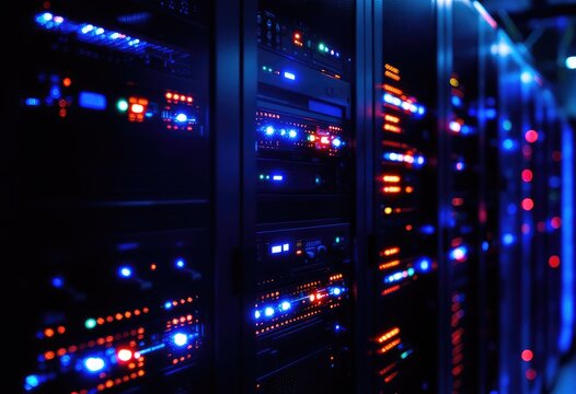 Server racks illuminated with colorful lights
