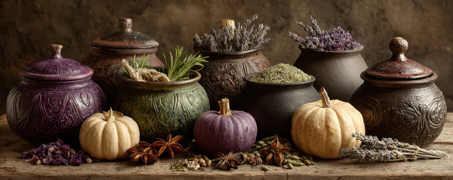 Decorative pumpkins and herbs on rustic altar create cozy, autumnal atmosphere. scene includes various jars filled with dried herbs, enhancing warm, earthy vibe