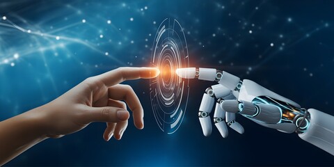 Human and robot hands touching a digital interface representing artificial intelligence and the future of technology on a blue background