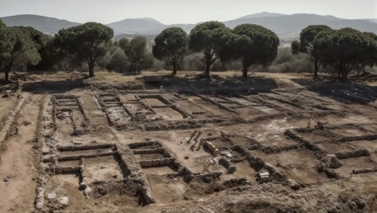 Aerial view of an archaeological dig site with exposed foundations, trees, and distant mountains