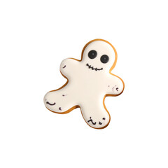 white ghost-shaped Halloween gingerbread cookie isolated on transparent background, png