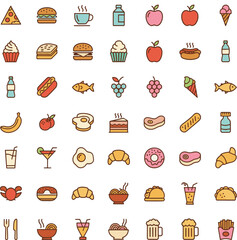 Food, Drink, and Restaurant Outline Icons Set