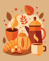 Cozy autumn illustration featuring coffee, tea, and pastries in warm, earthy tones and flat design