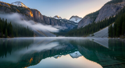 Serene Mountain Lake at Sunrise with Mist and Pine Forest Reflection