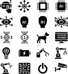 black and white vector icon set representing modern concepts of artificial intelligence