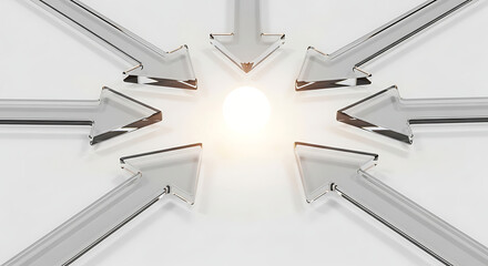 Minimalist 3D illustration of transparent glass arrows pointing toward a glowing center, symbolizing focus, teamwork, and strategic alignment — ideal for business, leadership, and innovation presentat