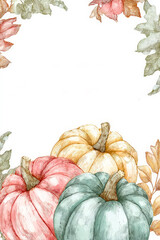 Watercolor pumpkins, foliage in soft autumn tones frame of white background with generous copy space. Ideal for Thanksgiving cards, fall invitations, posters, media banners and seasonal design mockups