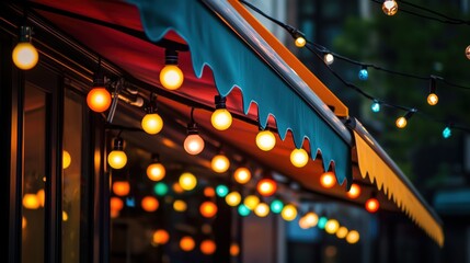 Colorful globe string lights illuminate an outdoor restaurant awning at night
